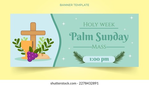 Banner de Domingo de Ramos, Vector, Semana Santa, plantilla editable con palmera verde, hojas, pan y cáliz,
fondo azul, Cruz cristiana, Pascua