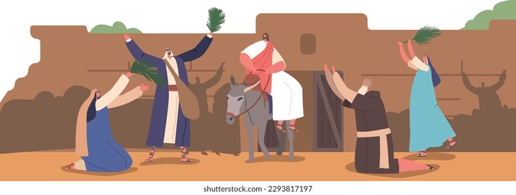 Palm Sunday Biblical Scene, Triumphal Entry Of Jesus Character Into Jerusalem On The Back Of A Donkey, Greeted With Palm