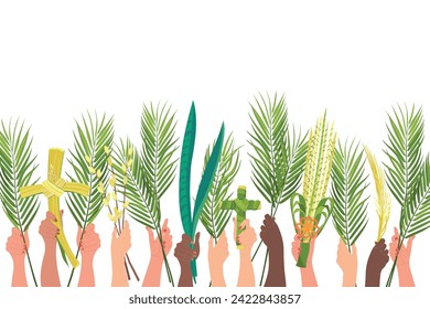 Palm Sunday celebration concept. Customs of different peoples of the world. Hands of people of different nationalities are raised with palm branches, sansevieria and a cross. Vector. Cartoon.