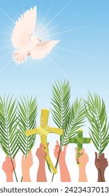 Palm Sunday celebration vector banner. Hands of people of different nationalities are raised with palm branches. White dove in the sky, the embodiment of the holy spirit. Postcard in cartoon style.