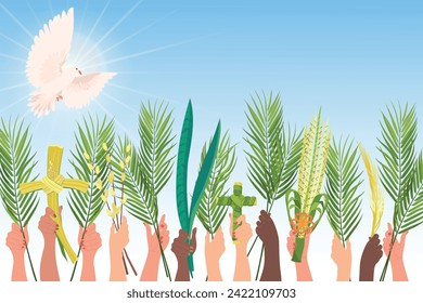 Celebraciones del Domingo de Ramos. Las manos de personas de diferentes nacionalidades se levantan con ramas de palma, sansevieria y cruz. Paloma blanca en el cielo, la encarnación del espíritu sagrado. Vector. Caricatura.