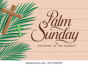 Palm sunday christian clipart design. Jesus christ risen and hosanna the king celebration for  christianity and catholic religious in wooden background. Vector illustration happy easter sunday 