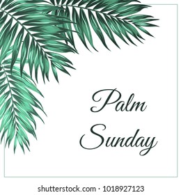 Palm Sunday Christian feast holiday. Tropical jungle tree palm green leaves corner frame decoration. Text placeholder. White background. Vector design illustration.