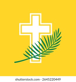 Palm Sunday Christian symbol, white cross with green palm leaf, religious holiday illustration