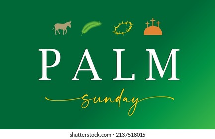 Domingo de Ramos símbolos cristianos color verde tarjeta de saludo. Hosanna en la más alta. Afiche cristiano con burro, palmera, corona de espinas y calvario con cruces. Ilustración vectorial de la Biblia