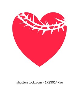 Palm sunday, Easter day.Palm branch crown of throns, cross in red heart.  Jesus love.Easter, good friday, worship, Christian background.Church service, Good friday.Religion background.Illustration.