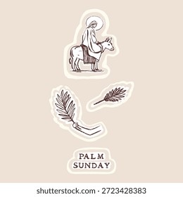 Palm Sunday easter holy week graphic set with Jesus riding on a Donkey. Religious christian icon image set. Faith based bible study sticker set. Hand drawn isolated flat vector church announcement.