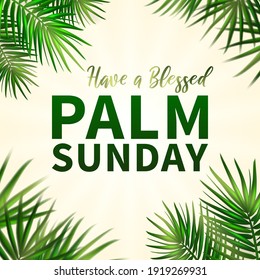 Palm Sunday - greeting banner template for Christian holiday, with palm tree leaves background. Congratulations with first day in Holy Week and symbol of triumphal entry into Jerusalem