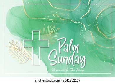 Palm Sunday - greeting banner template for Christian holiday, with green watercolor background. Congratulations with first day in Holy Week and symbol of triumphal entry into Jerusalem.