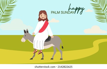 Palm Sunday - Greeting Banner Template For Christian Holiday, With Palm Tree Leaves Background. Congratulations With First Day In Holy Week And Symbol Of Triumphal Entry Into Jerusalem