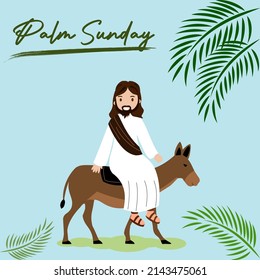 Palm Sunday - greeting banner template for Christian holiday, with palm tree leaves background. Congratulations with first day in Holy Week and symbol of triumphal entry into Jerusalem