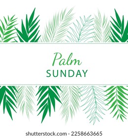 Palm Sunday - greeting banner template for Christian holiday, with palm tree leaves background. Congratulations with first day in Holy Week and symbol of triumphal entry into Jerusalem