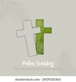 Palm Sunday - greeting banner template for Christian holiday, with palm tree leaves background. Papercut creative concept. Vector illustration.