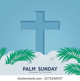 Palm sunday greeting card clipart design. Hosanna the king jesus christ is risen with cross symbol and papercut clouds for catholic god resurrection background. Vector illustration happy easter sunday