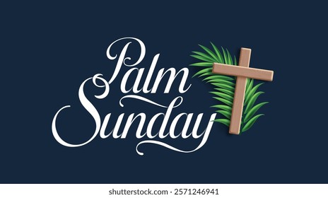 Palm sunday greeting clipart design. Jesus christ is risen with wood cross religious symbol for god resurrection catholic celebration in blue background. Vector illustration easter sunday clip art. 
