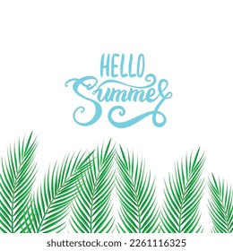 Palm Sunday holiday card, Summer sale, hello summer poster with realistick palm leaves border, frame. Vector background.