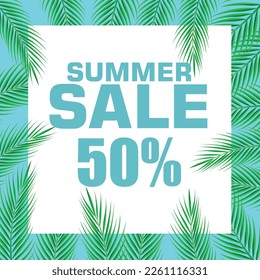 Palm Sunday holiday card, Summer sale, hello summer poster with realistick palm leaves border, frame. Vector background.