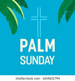 Palm Sunday holiday flat vector typography poster background. Christian biblical sign palm leaves cartoon. Catholic bible Holy day design element. Religion celebration banner template illustration