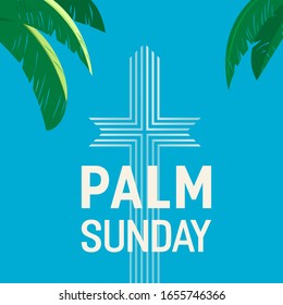 Palm Sunday holiday flat vector typography poster background. Christian biblical sign palm leaves cartoon. Catholic bible Holy day design element. Religion celebration banner template illustration
