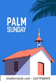 Antecedentes de afiche de tipografía vectorial plana Domingo de Ramos. Dibujo de hojas de palma de signo bíblico cristiano. Elemento de diseño del Día Santo de la Iglesia Católica. Ilustración de la pancarta de celebración de la religión