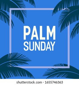 Palm Sunday holiday frame flat vector typo poster background. Christian biblical sign palm leaves cartoon. Catholic bible Holy day design element. Religion celebration banner template illustration