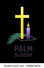 Palm Sunday holiday vector poster. Christian biblical cross, candle, palm church symbol cartoon illustration background. Catholic bible Holy day design element. Religion celebration banner template