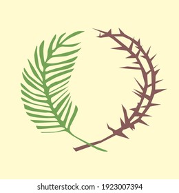 Palm sunday in holy day.Palm branch with crown of thorns of jesus.Jesus in Jerusalem.Hosanna, worship, Christian background.easter, Good friday.Copy space.Religion, Vector illustration.Palm Sunday.