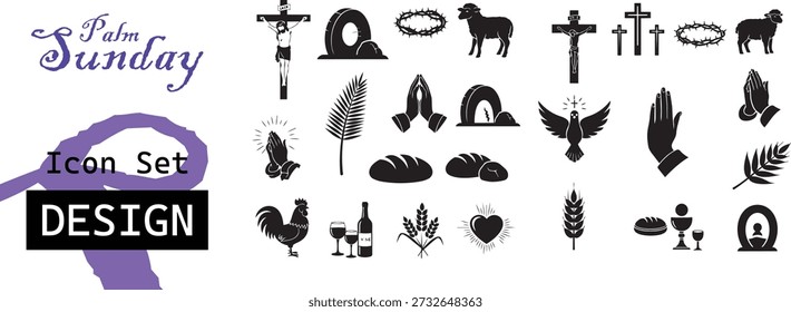 Palmsonntags-Ikonensatz mit verschiedenen religiösen Symbolen, darunter Kreuze, Kruzifix, Lamm, Palmen, Brot, Wein und mehr auf weißem Hintergrund.