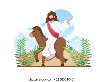 Palm Sunday illustration - Jesus entering Jerusalem with a donkey and palm leaves. People greeting him with palm branches. Biblical  story illustration. Can use for greeting card, postcard, etc