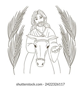 Palm Sunday illustration - Jesus entering Jerusalem with a donkey and palm leaves. 