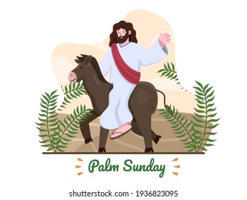 Palm Sunday illustration with Jesus ride a donkey and with palm leaves. Jesus riding donkey entering Jerusalem. Christian Palm Sunday religious holiday. Suitable for greeting card, banner, postcard