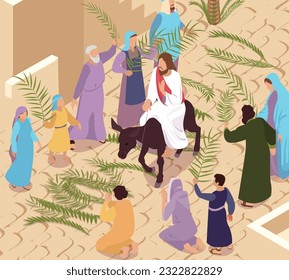 Palm sunday with jesus christ entering jerusalem on donkey while crowd laying down leaves isometric vector illustration