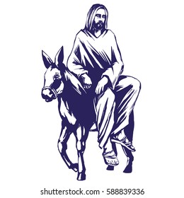 palm Sunday, Jesus Christ rides on a donkey into Jerusalem , symbol of Christianity hand drawn vector illustration sketch