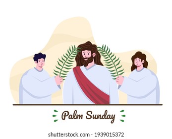 Palm Sunday. Jesus entering Jerusalem and People greeting him with palm leaves. Jesus comes to Jerusalem as King. Christian Religious holiday. Christian Biblical story illustration.