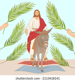 Palm Sunday, Jesus riding donkey entering Jerusalem with palm leaves.