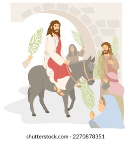 Palm Sunday. Jesus riding donkey entering Jerusalem