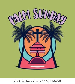 Diseño de logotipo de Domingo de Ramos con palmeras y una iglesia, ideal para la impresión de camisetas