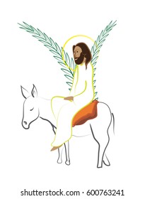 Palm Sunday - The Triumphal Entry of Jesus into Jerusalem on a donkey with palm leaves. Modern abstract artistic vector, digital illustration created without reference image.