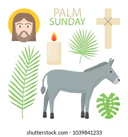 Palm Sunday vector flat icon set, Hosanna collection of flat design objects isolated on the dark background, vector illustration