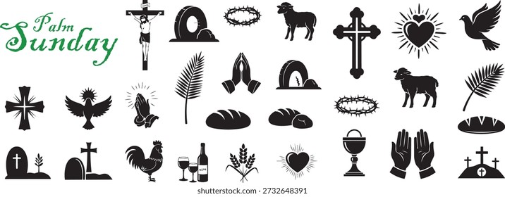 Palm Sunday vector set featuring various Christian symbols and icons on white background, including crosses, palms, and Easter elements.