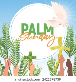 Palm Sunday welcome banner for the Christian holiday. People of different nationalities hold palm branches and leaf crosses. A white dove in the sky as the embodiment of the holy spirit.