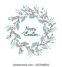 Palm sunday wreath. Willow buds Easter Doodle vector illustration. Pussy willow gray and green.