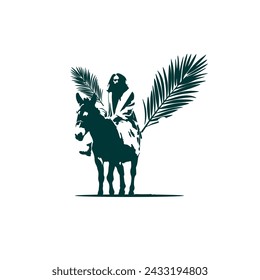 Palm Sunday,silhouette An Old Robed Jesus Seated On A Donkey with Palm leaves