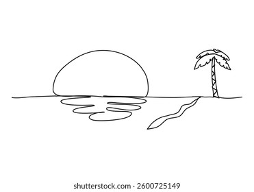 Palm and sunrise on the beach, one line vector illustration.