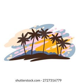 Palm sunset landscape with tropical palm trees, colorful evening sky, warm horizon, coastal nature mood, summer travel scenery, American vacation symbol, cartoon vector illustration