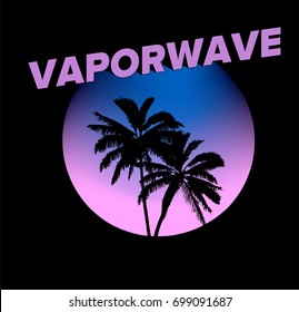 Palm and sunset on dark background. Abstract illustration in 80s - 90s Vaporwave/ synthwave/ retrowave style.