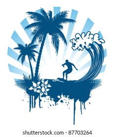 Palm and surfing on waves in grunge style