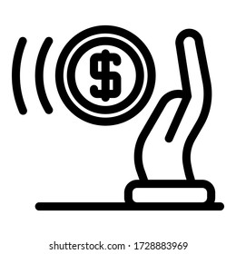 Palm swipes a coin icon. Outline palm swipes a coin vector icon for web design isolated on white background