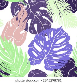 Palm texture leaves multicolored. Vector seamless pattern