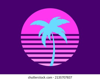 Palm tree in 80s style at sunset. Summer time. Blue palm against the background of the pink sun, synthwave style. Design for advertising brochures and banners. Vector illustration